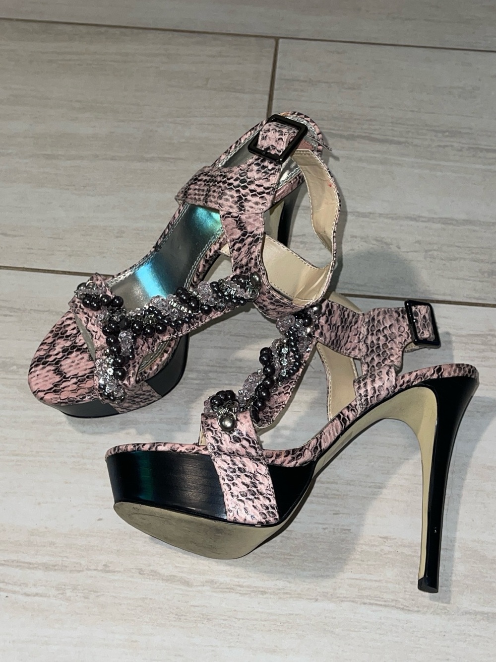 Pink Snake-Print Beaded Platform Pleaser Sandals - Picture 2 of 7